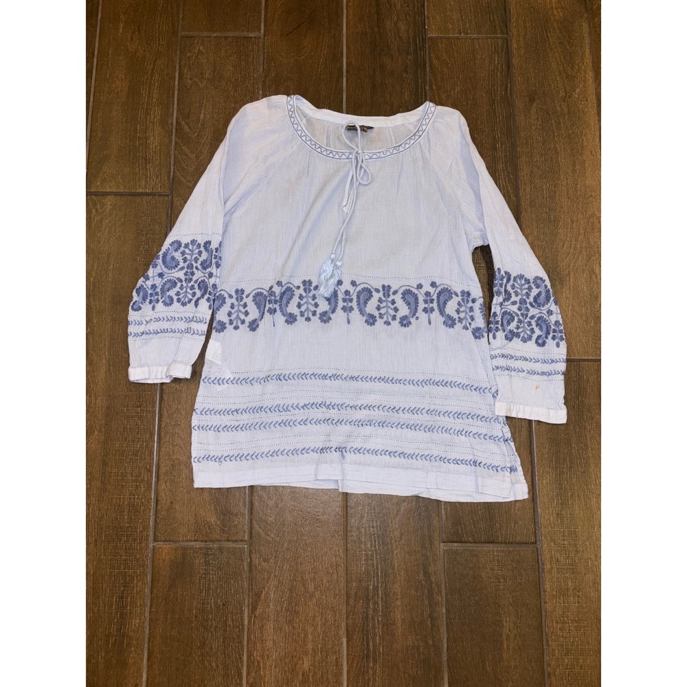 Tommy Bahama Tunic Top Size L Blue Embroidered Boho Gauze Peasant Blouse